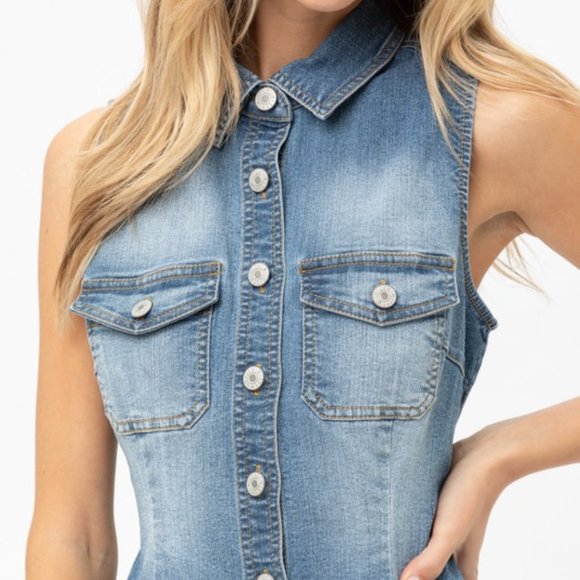 Button Down Sleeveless Denim Dress - Picture 6 of 11